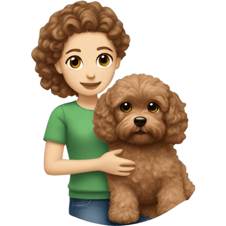 A girl with green eyes and brown hair is holding a brown Maltipoo puppy with curls on its coat emoji