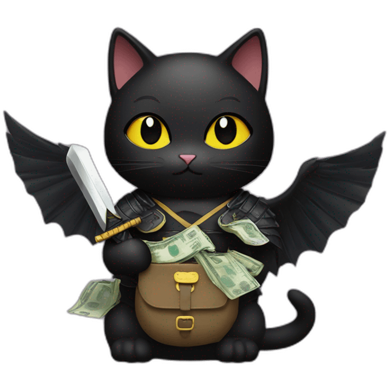 black cat with wings, samurai sword, dressed like a duck and holding a bag of money emoji