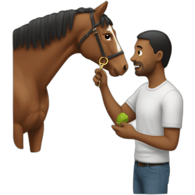 a man explaining hashtags to a horse emoji