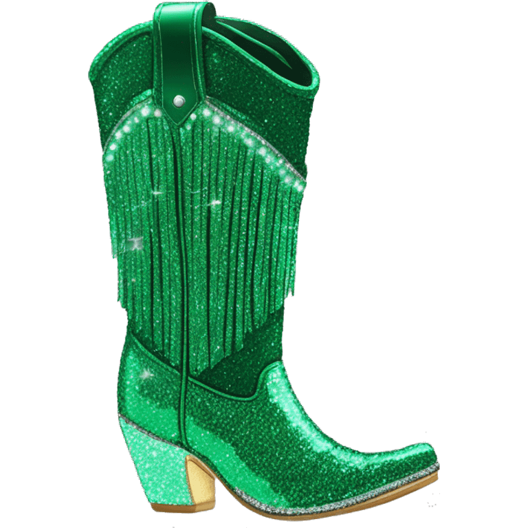 Realistic emerald green fashion cowgirl boots with sparkly shiny glitter fringe on them. emoji