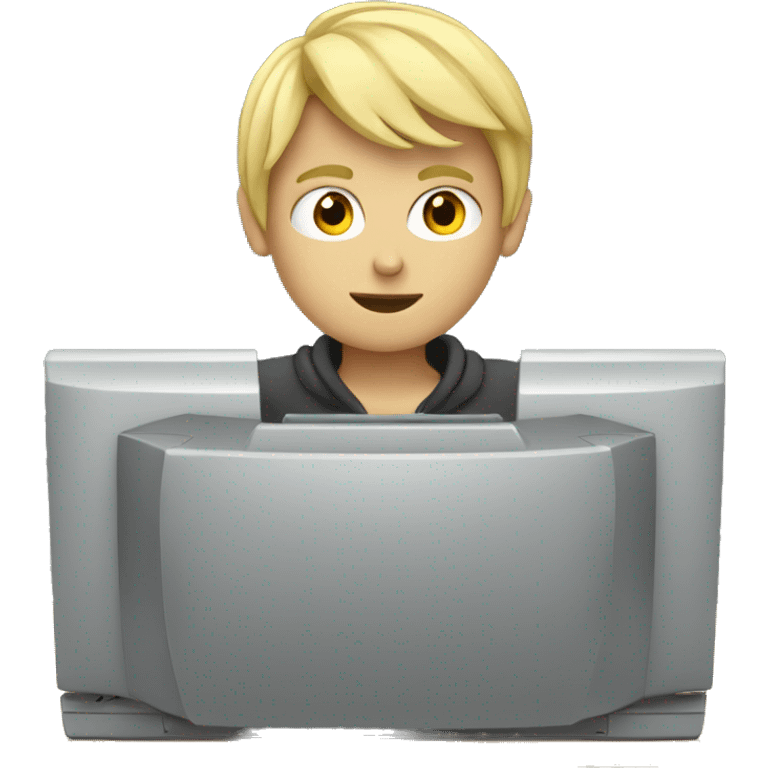 Blonde boy at a computer coding emoji