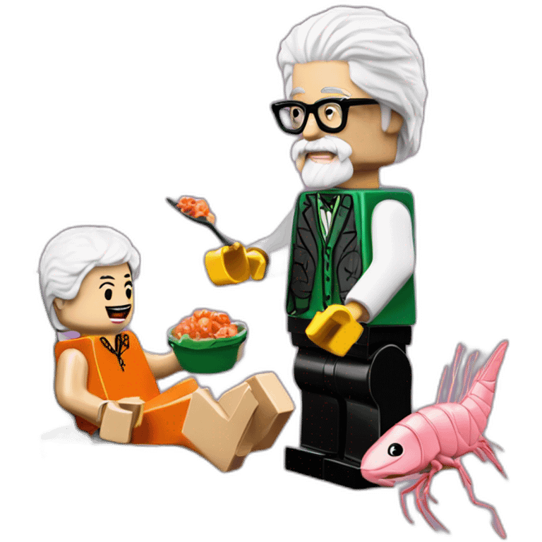 Des Lynam eating prawns with LEGO Lily Savage emoji