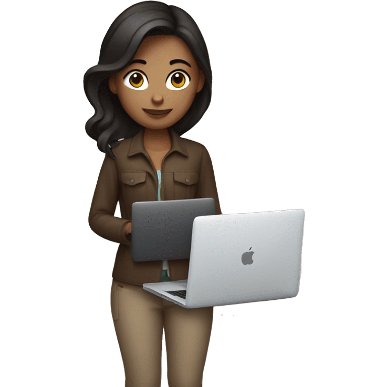 A photographer girl with dark brown hair holds a MacBook in her hand emoji