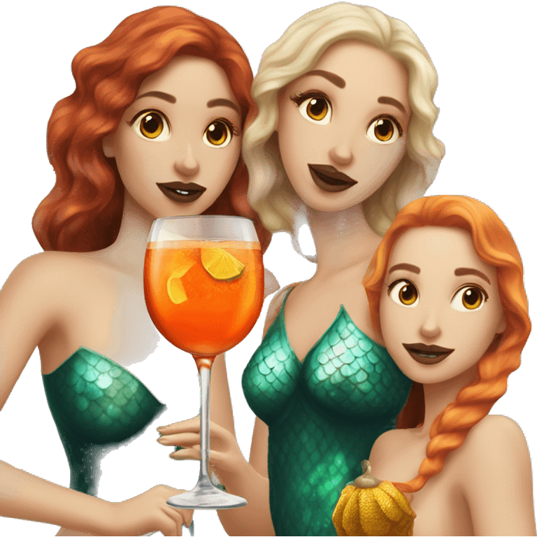 Three beautiful mermaids (light skin) drinking aperol emoji