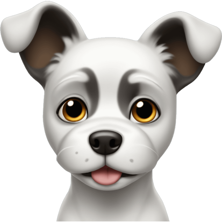 White and black dog with flappy ears and small nose and eyes emoji