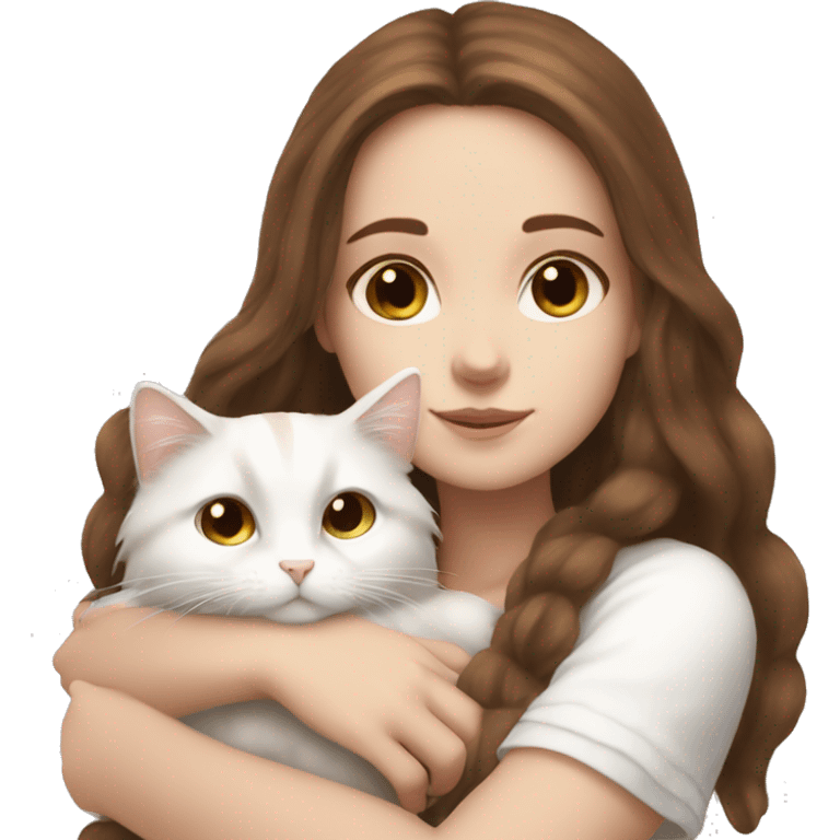 White girl with long brown hair snuggling fluffy white cat emoji