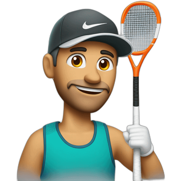 hombre de 40 años, con gorro de nike, ojos achinados, pelo en degradee, jugando al padel emoji