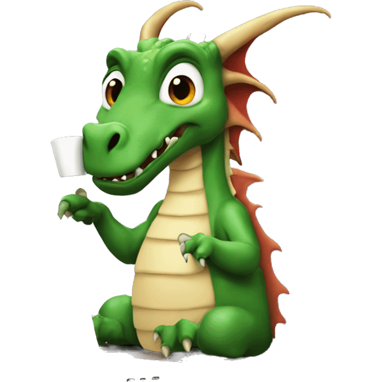 dragon on a laptop, wearing a hump day shirt, with a cup of coffee in hand emoji