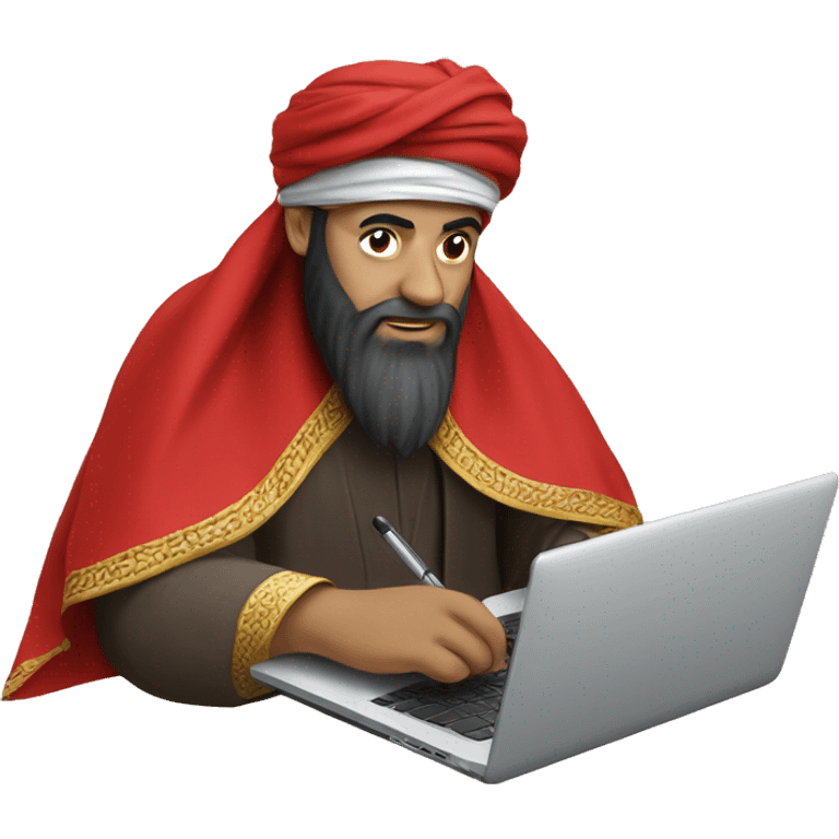 A caliph with turban and red clothes writing in a laptop emoji