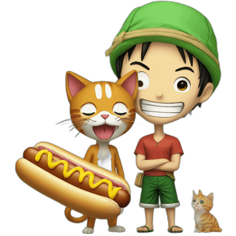 Luffy and Zoro with a cat eating an hot-dog emoji