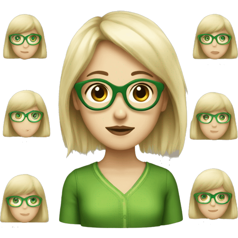 White Girl with green glasses and dark brown hair with blonde bangs emoji