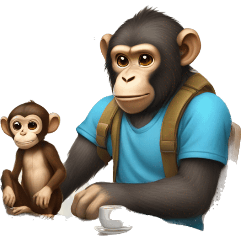 A monkey working on laptop and drinking boba tea and his pet is human  emoji