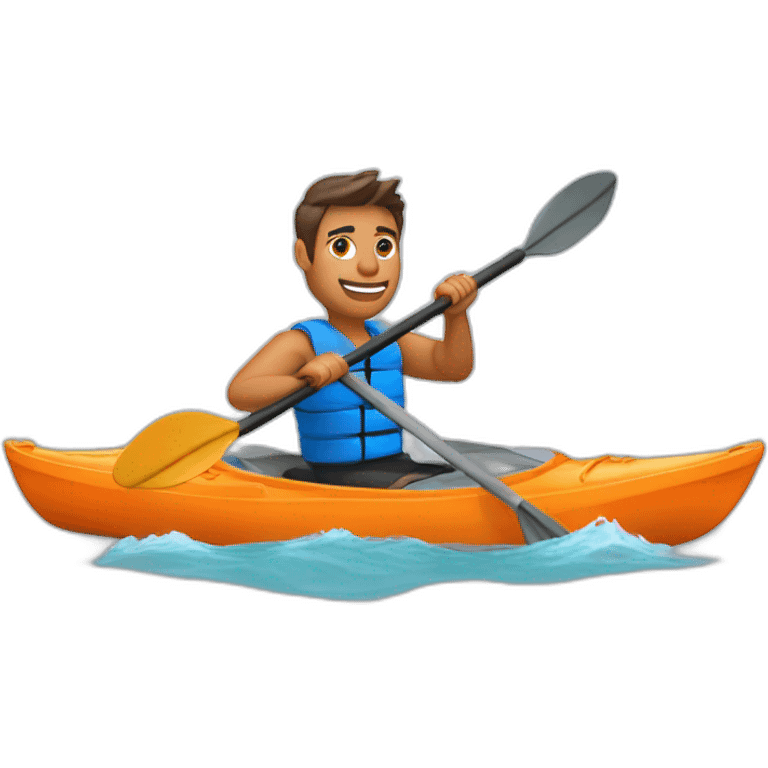 fit man paddling a kayak, orange kayak, front perspective, visible water emoji