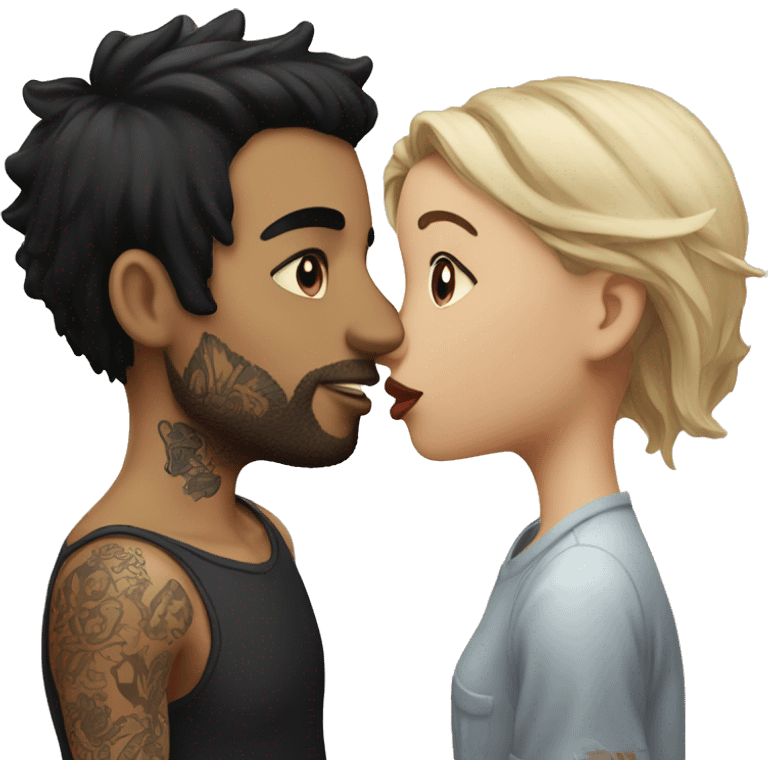 Guy with black hair and tatoos kissing girl with black hair emoji