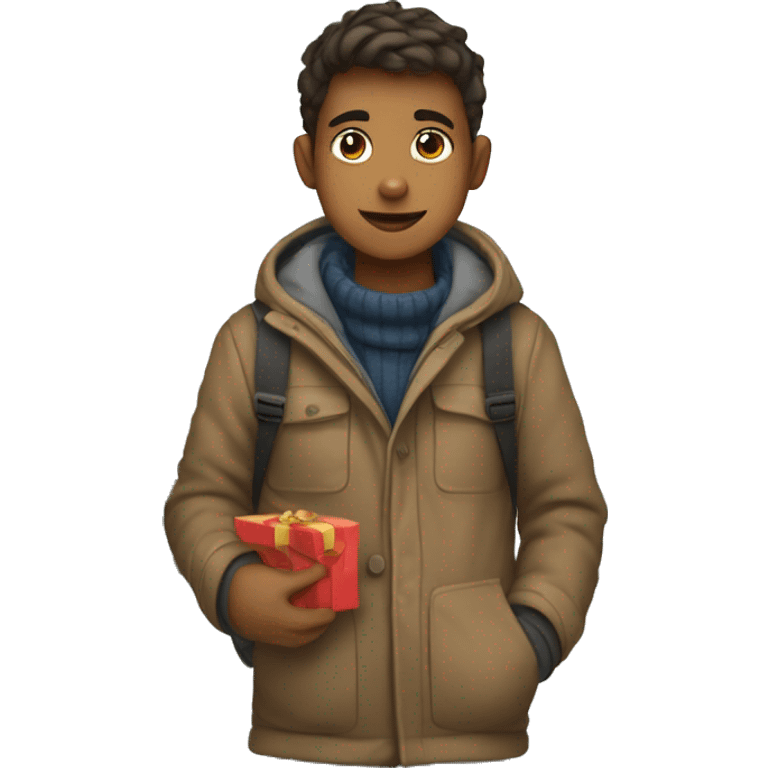 boy going christmas shopping, buying a lot of gifts, wearing warm clothes emoji