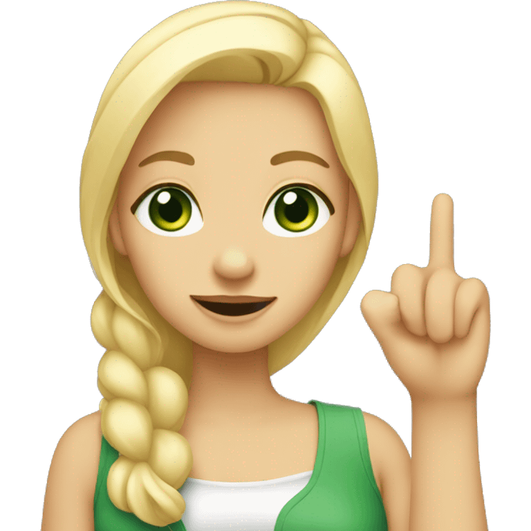 girl with blonde hair and green eyes, showing her finger emoji