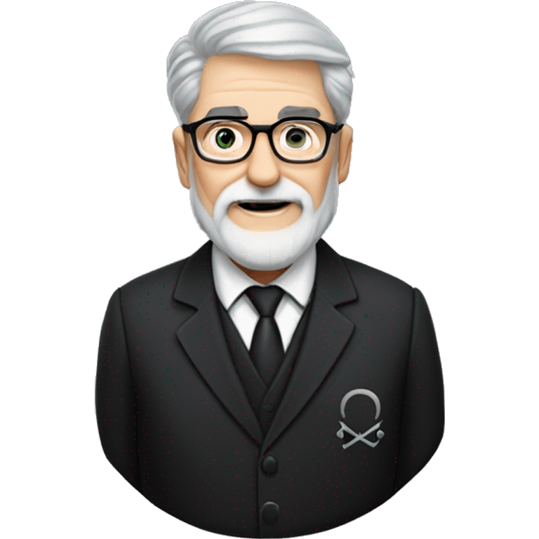 60 year old Caucasian male with grey hair, glasses and a grey goatee beard wearing a black dinner suit with a Masonic emblem on the left lapel. emoji