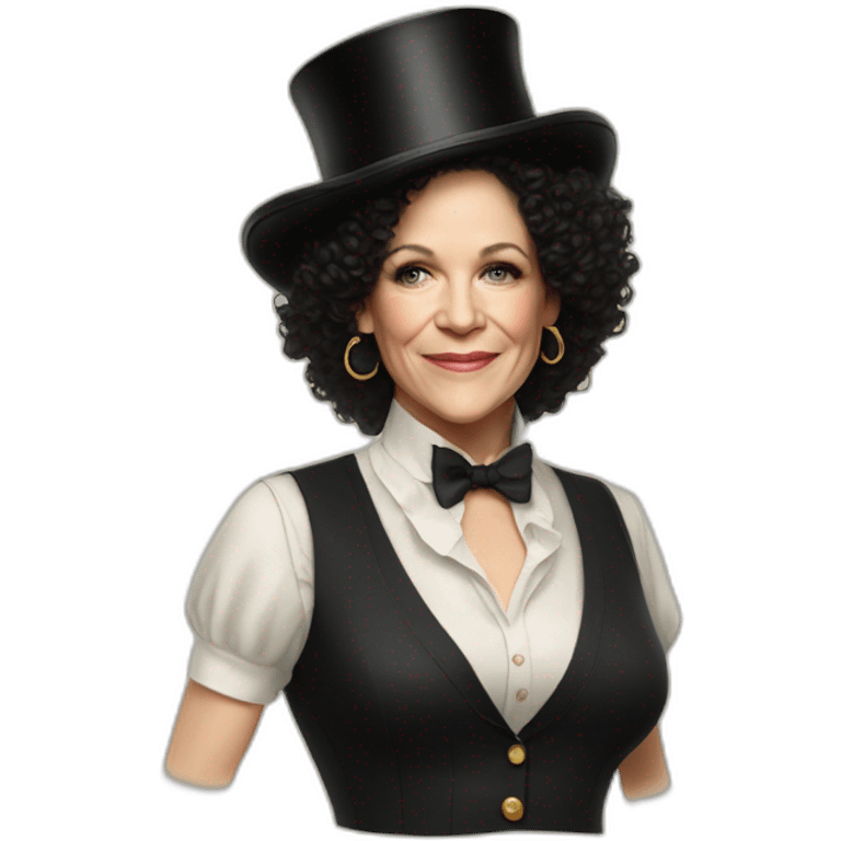 Susie Essman wearing a top hat, a 70s vest, and hoop earrings emoji