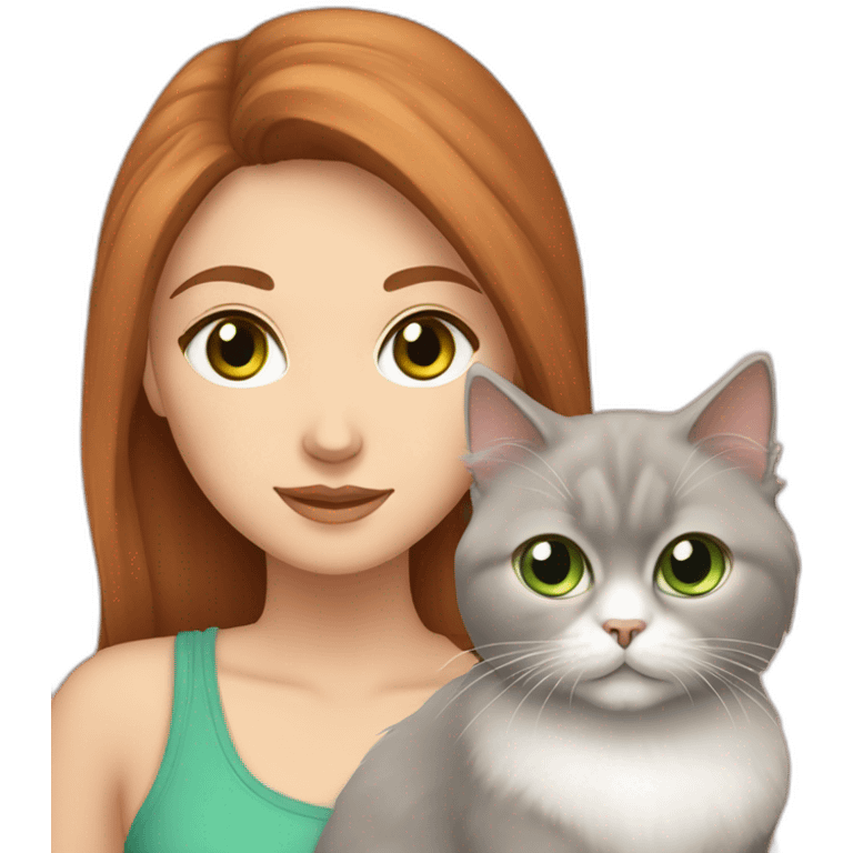 white girl with chestnut wawy hair and grey eyes, who hold a persian cat with green eyes emoji