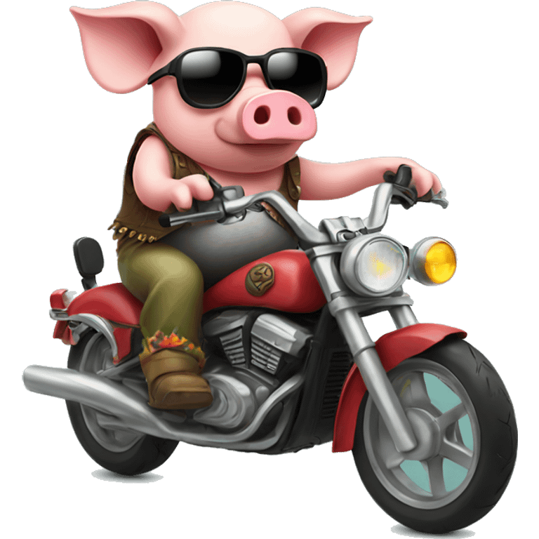 Hippie Pig riding a motorcycle with sunglasses on emoji