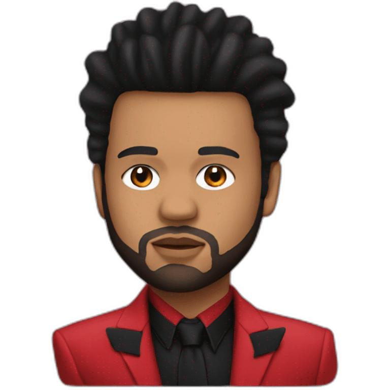 The Weeknd with a red suit and a bandage on the nose emoji