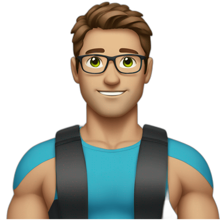 male, brown hair, green eyes, glasses, blue shirt, gym workout emoji