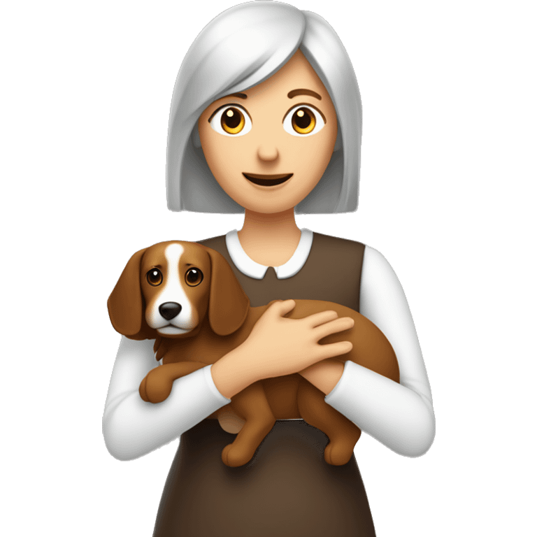 Frau mit braunen Haaren und Hund im arm  emoji