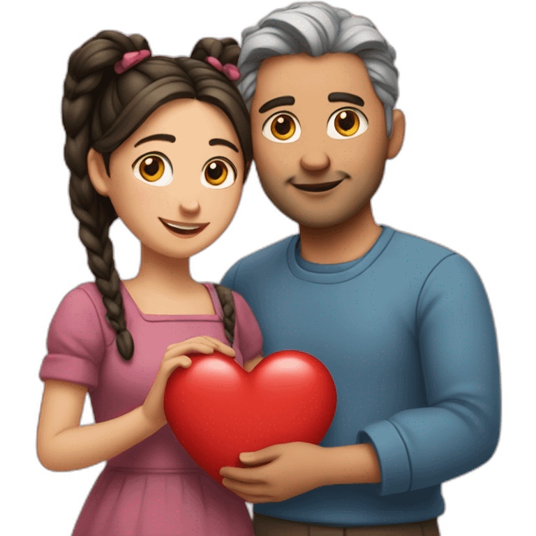 Man loves woman with pigtails, heart between them emoji