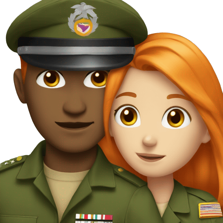 a orange hair girl hugs, white man with brown hair in a green military uniform emoji