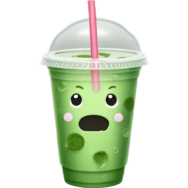 iced matcha in takeaway plastic cup with flat lid and straw no NO FACE emoji