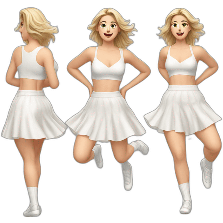 Hyperrealistic Full body Caucasian curvy beauty jumping short white skirt back and front views strong wind knickers long white socks emoji