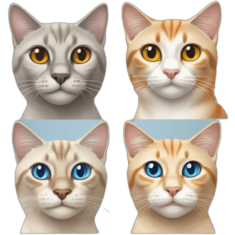 one grey lynx point siamese cat with blue eyes ,one orange and white tabby cat with yellow eyes ,one orange cat with orange eyes emoji