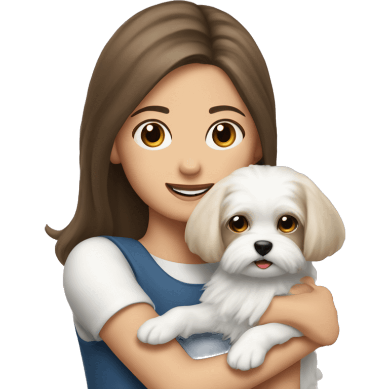 Maltese lapdog female in the arms of a young brunette girl emoji