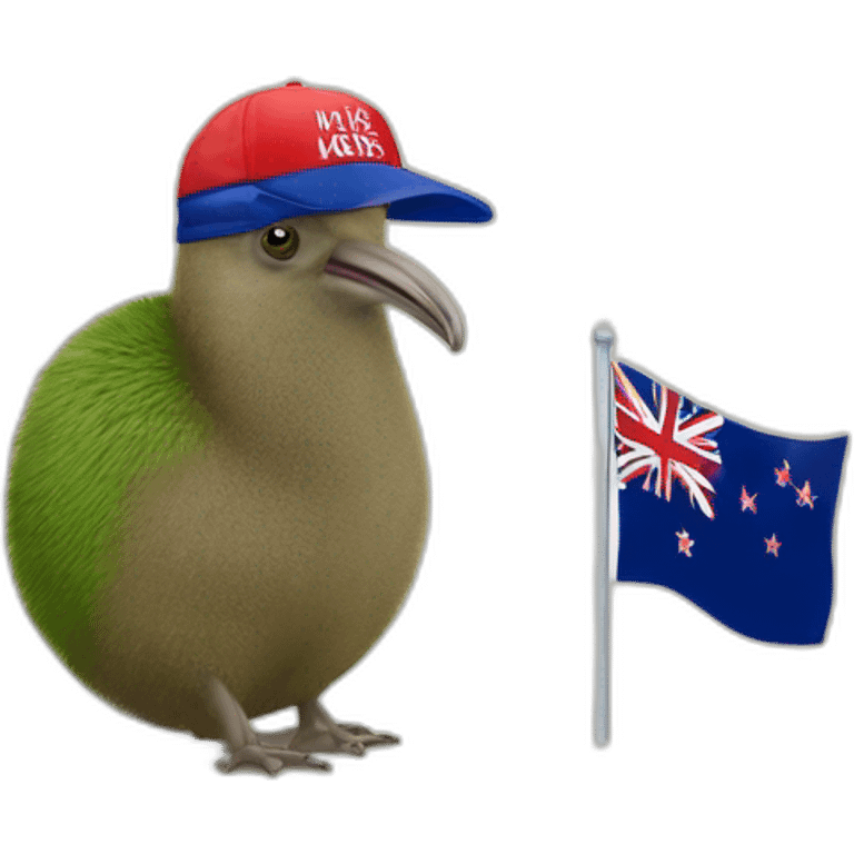 Kiwi wearing 'Make New Zealand Great Again' cap while next to flah emoji