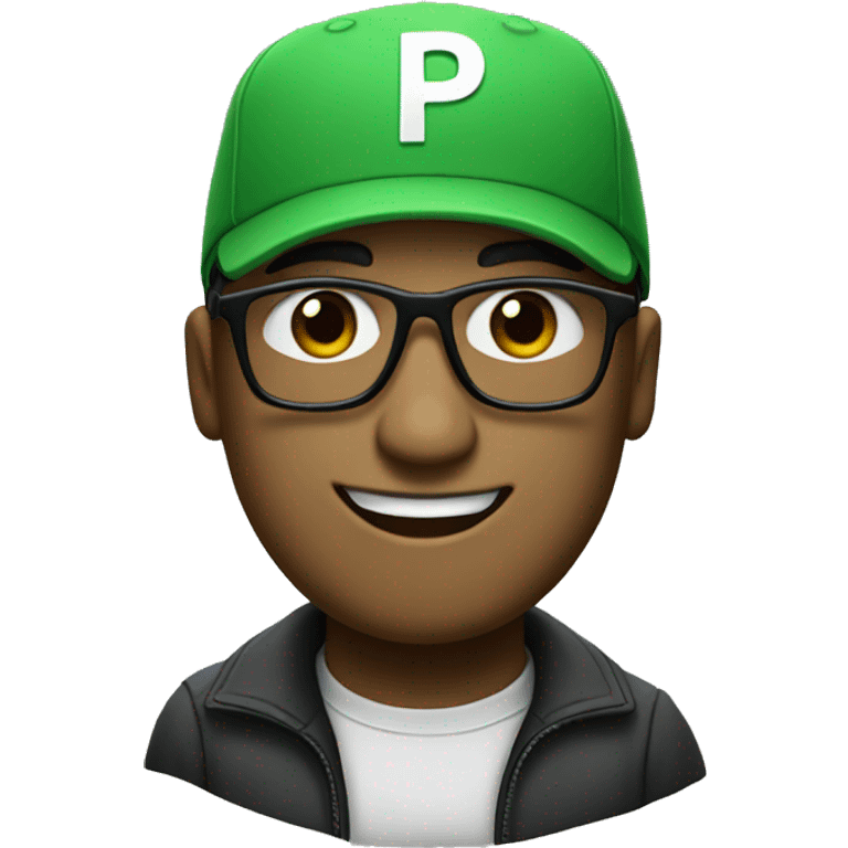 A man wearing a green cap with 'P' on it and black glasses emoji