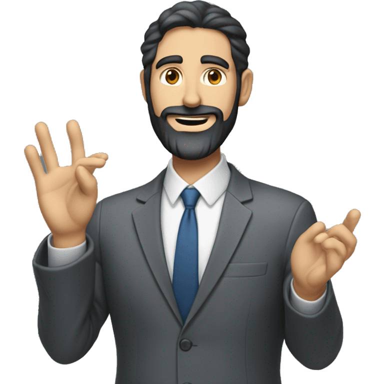 white man in a gey suit short dark beard doing hand gestures in a presenttion emoji