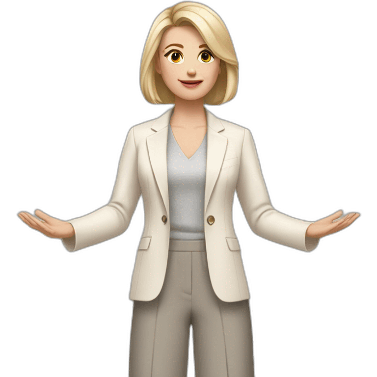 Full height Actively gesturing with hands pale skin woman with ash blonde Straightened bob Hair, White Spacious classical jacket, beige palazzo Arrow pants and gray blouse emoji