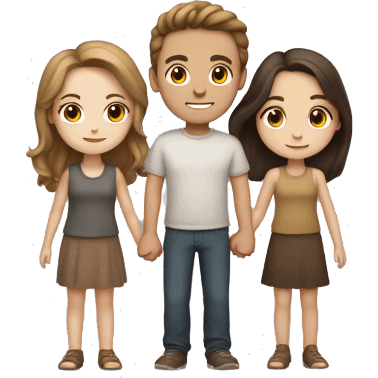 two girls and one guy holding hands white skin, brown eyes, brown hair emoji