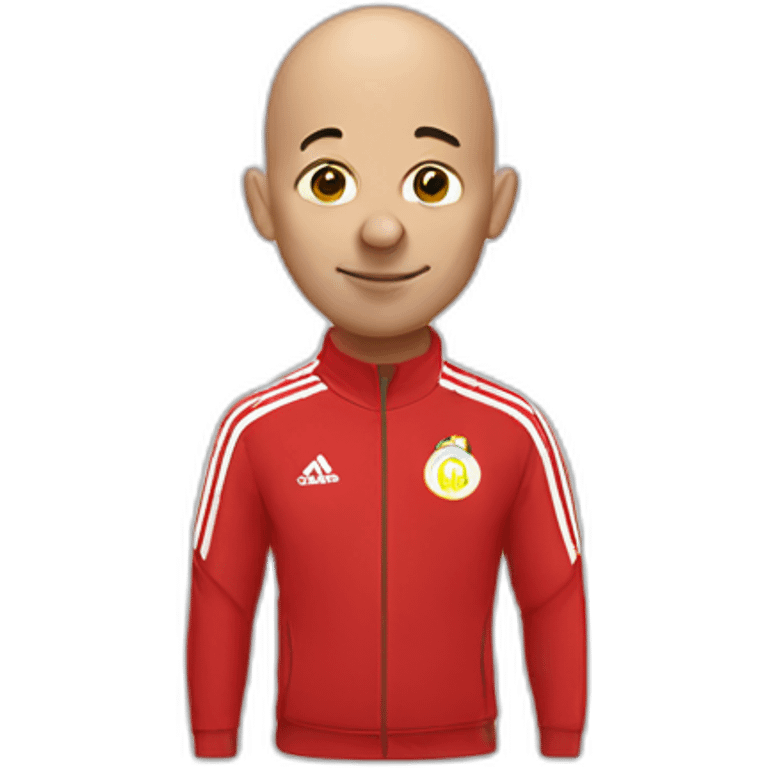 Bald man in red Adidas training suit with clown hair and nose emoji