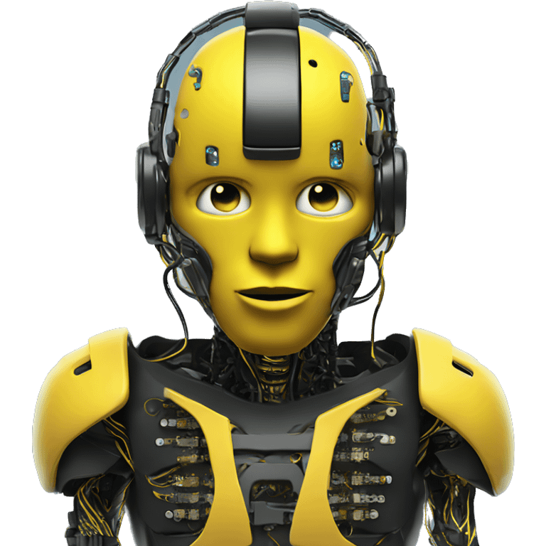 Black and yellow cyborg head with football helmet and circuits emoji