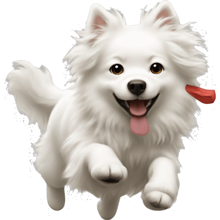 White fluffy dog chasing Asian girl emoji