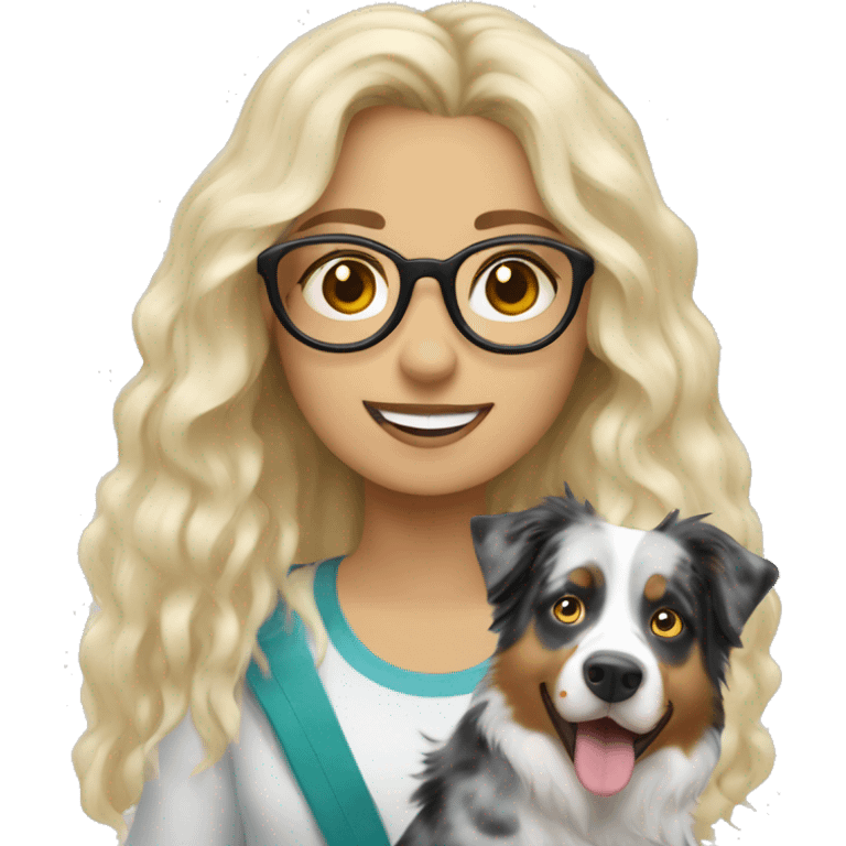 Blonde girl with glasses with a Merle Australian shepherd emoji