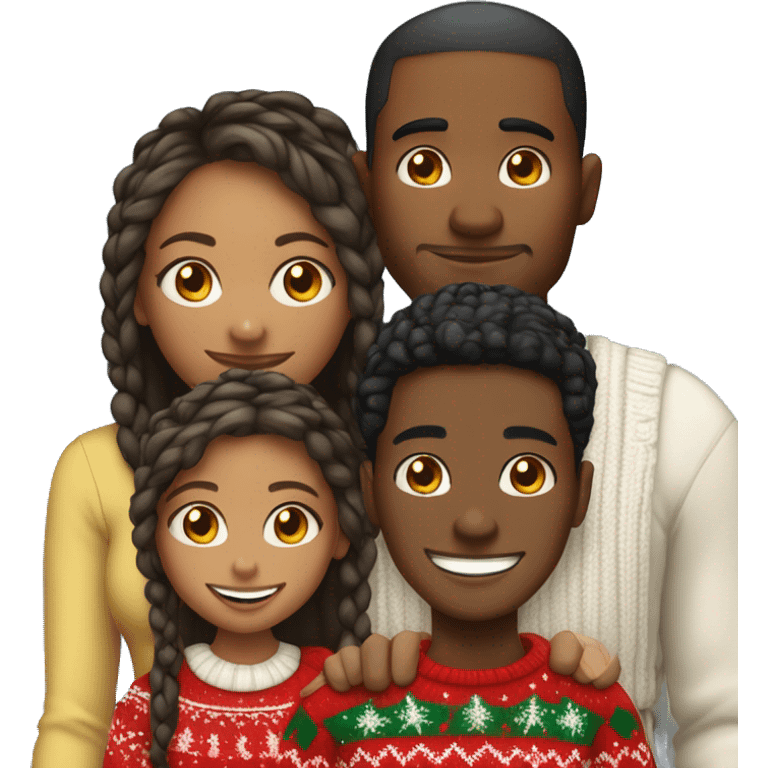 Black family of four members with Dad, Mom, Son, and Daughter. The Son and Daughter are teenagers. The Mom has braids. The Dad is light skinned.All family members are wearing Christmas sweaters and Santa hats.  emoji