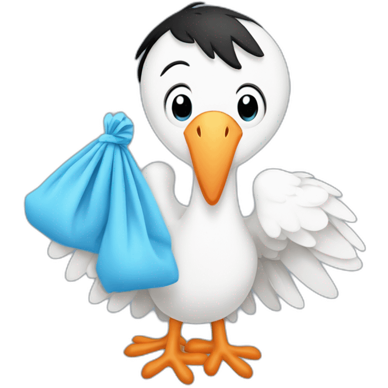  A stork is carrying a blue bundle of cloth in its beak that has a cute white skinned baby face peeking out from it with black head emoji