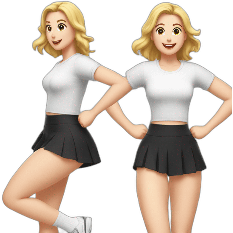 full-body-caucasian-curvy-beauty-jumping-short-black-skirt-back-and-front-views-strong-wind-knickers-long-white-socks emoji