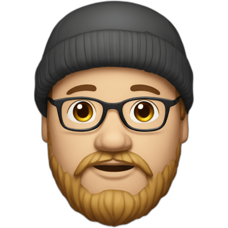 Overweight man with dark hair wearing small beenie on head, beard and glasses. emoji