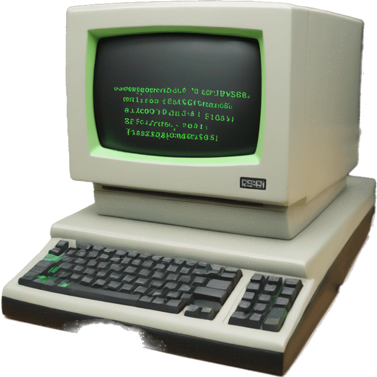 a old computer with linux screen (black and green terminal) with "rsh++" text emoji