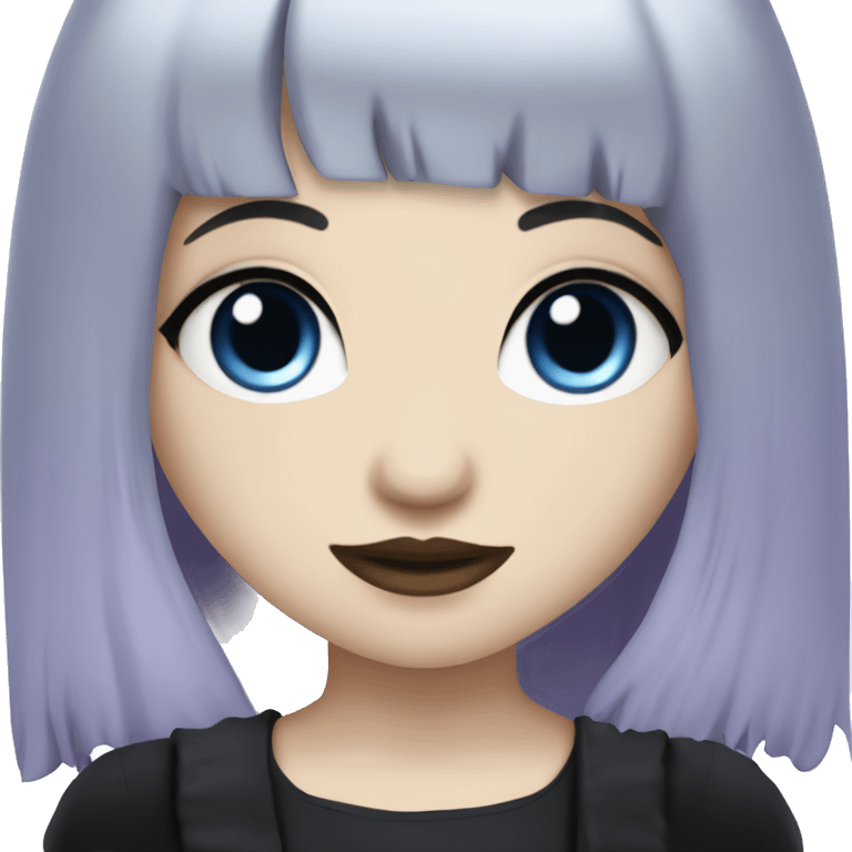 gothic girl, pale skin, blue eyes, long hair, deep purple hair, bangs, black clothes, eyeliner, mole above left upper lip emoji