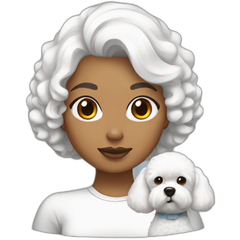 mujer blanca pelo negro con peinado de moño y perro bichon maltés blanco emoji