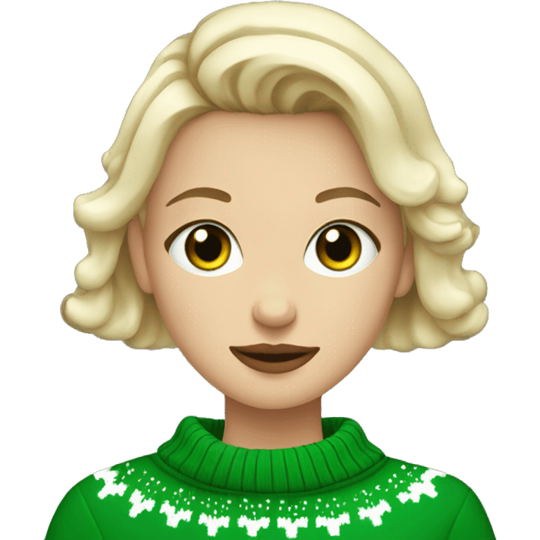 Short haired blonde girl with green eyes drinking coffee wearing Christmas sweater emoji